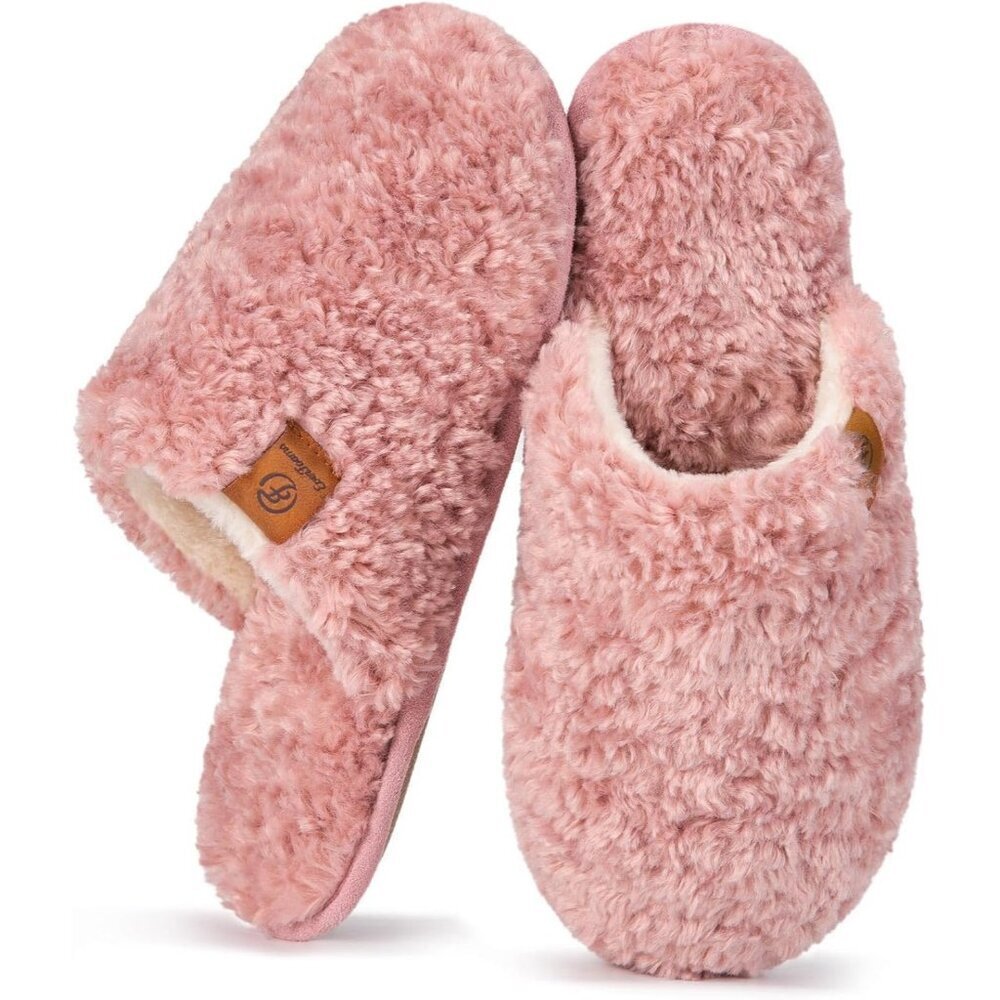 Women's Pink Fuzzy Slip-on Slippers Warm Cozy Soft Lightweight Foam